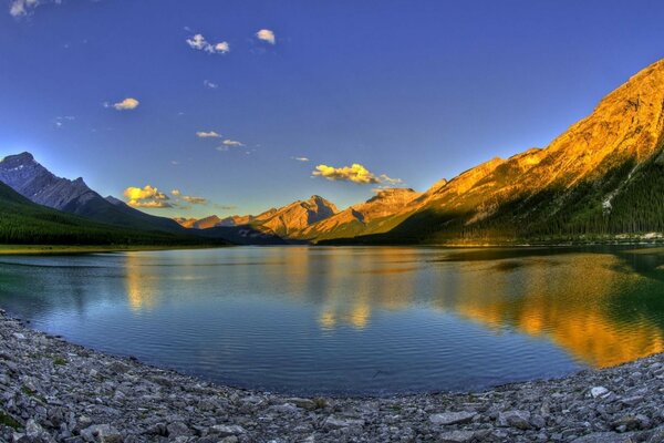 Landscape of a calm lake surrounded by mountains