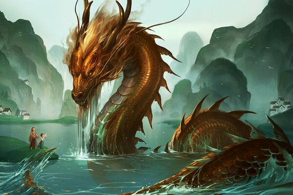 A red dragon in the water looks at people