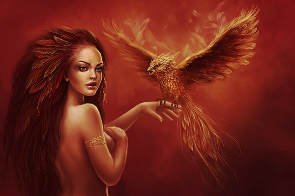 A girl with a bird on her arm. the phoenix bird. bird girl