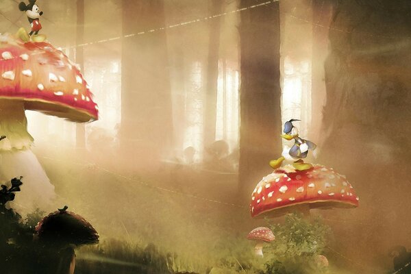 Personajes de Disney en setas en el bosque