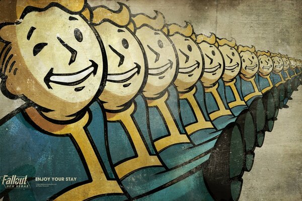 Fallout, graffiti depicting a multiplied character in a blue suit with a yellow stripe