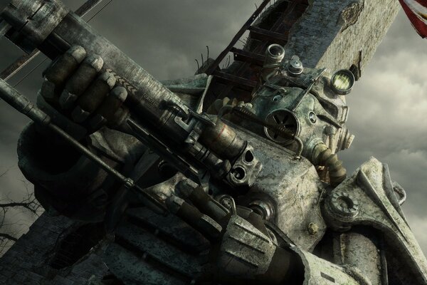Fallout, um gigantesco veículo de combate robótico humanóide com armas em galinhas
