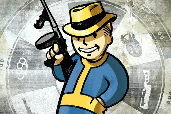 Fallout, a character with a blue shirt and hat with a machine gun in his hand