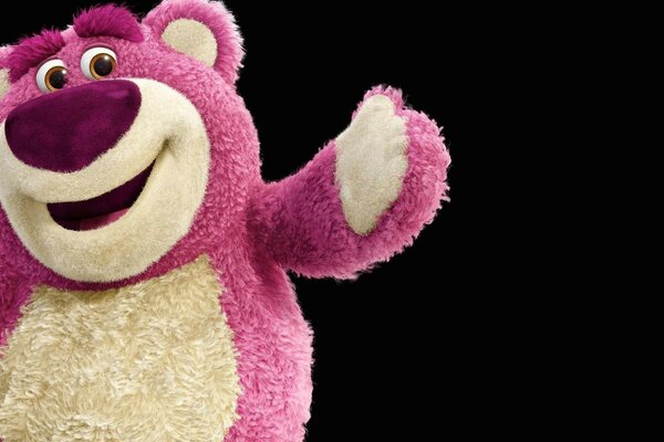 Pink cheerful bear on a black background