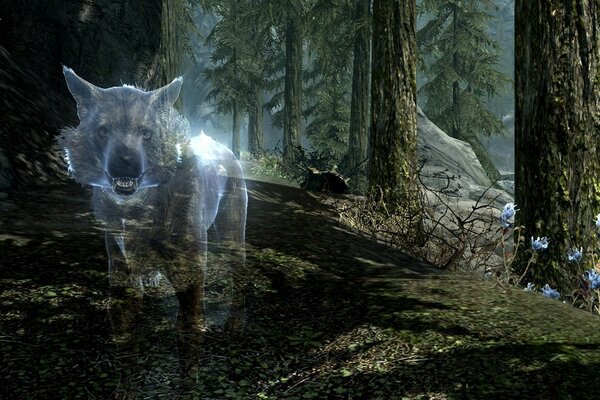 Ghost of a wolf in a magical forest