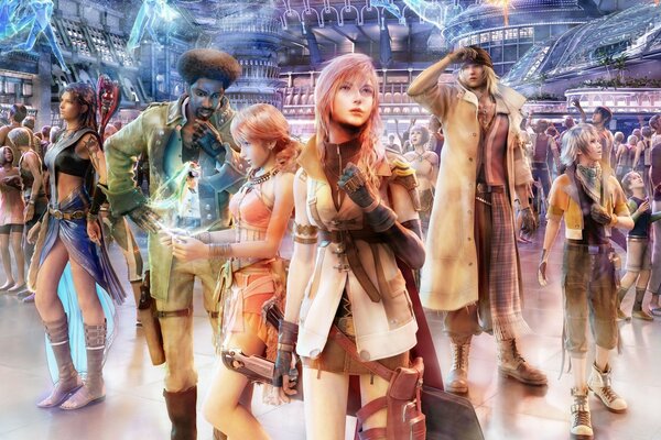 Final fantasy. une foule de jeunes gens habillés bizarrement