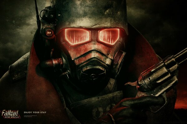 Portrait of an armed Fallout game character in a protective suit and gas mask