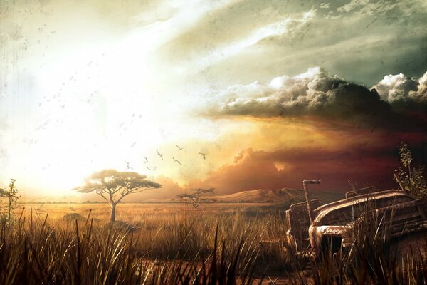 A wrecked abandoned car at sunset in beautiful nature