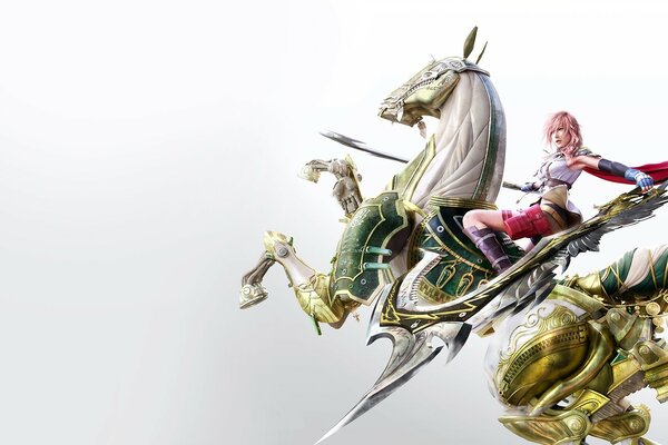 Final fantasy, una heroína con una capa roja montando un caballo blanco con una armadura con una espada en la mano