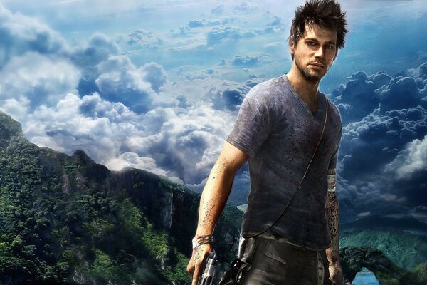 The hero of the game Farcry, armed, standing on the background of a mountain landscape