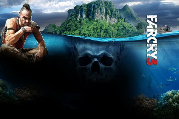 O herói do jogo Farcry 4, posando contra o fundo de um lago de montanha. que reflete o crânio humano