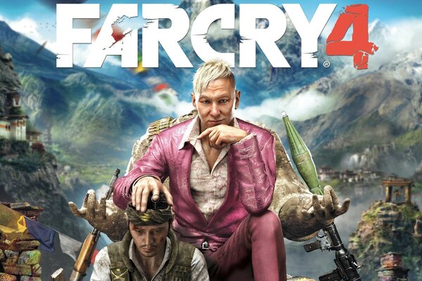 The hero of the game Farcry 4 in a pink suit, with a servant and a weapon on the background of a mountain landscape