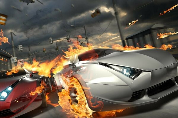 Burning supercars compete in the race