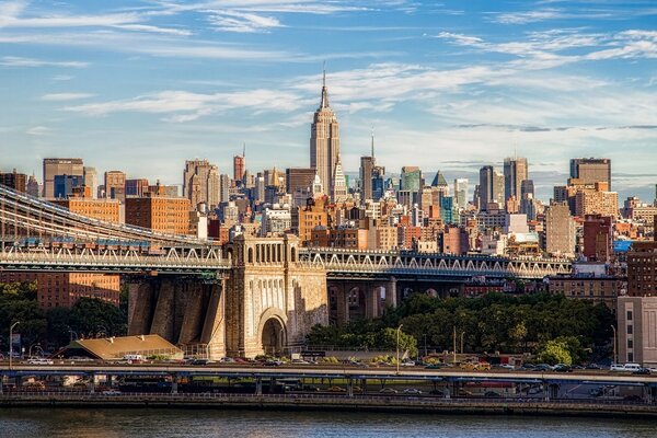 Architecture long bridge beauty city blue sky river embankment