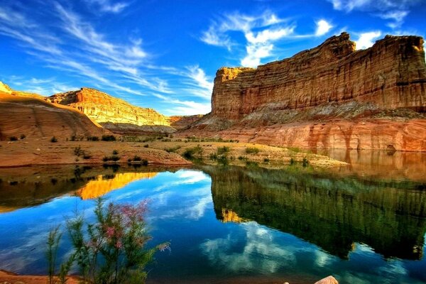 Mirror waters of the lake in the canyon