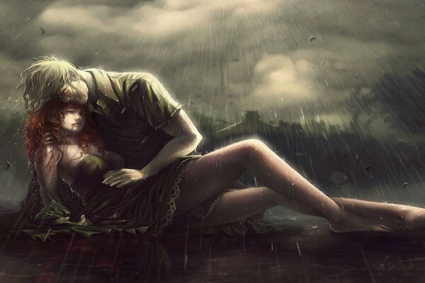 A girl dying in the arms of a guy, the floor is raining