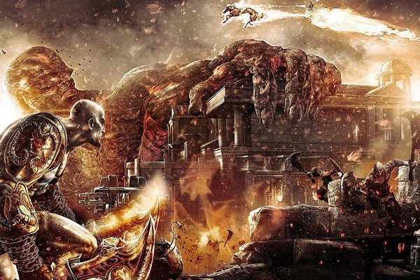 Game art. Kratos at the burning Olympus