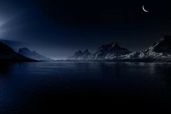 A large lake with mountains behind