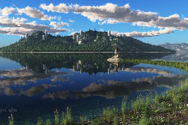 Isola verde circondata da una superficie blu