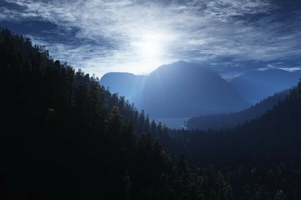 Mountain landscape in the rays of the rising sun