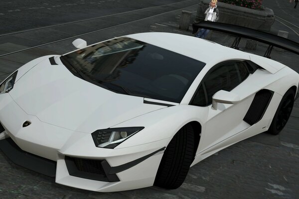 A white car on a dark street background