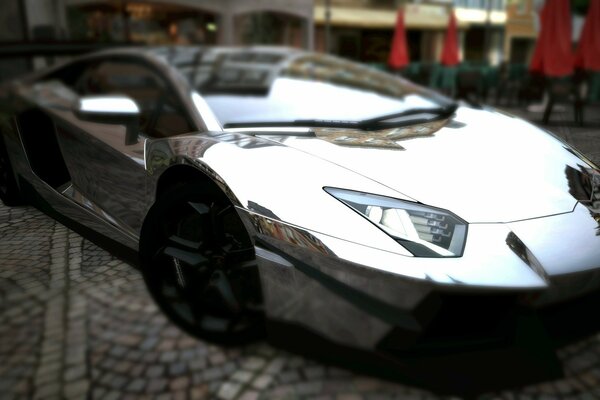 Silver mirror car under street light