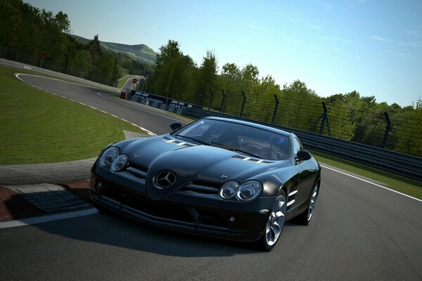 Black Mercedes on smooth asphalt on a sunny day