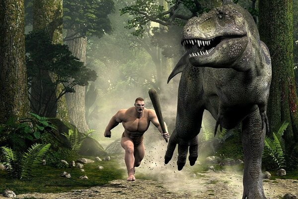 El hombre corre tras el dinosaurio