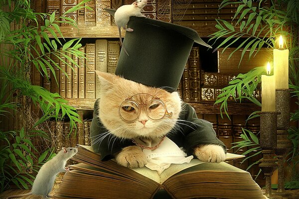 Рудий Кіт в окулярах і чорному головному уборі, якому сидить Щур на тлі полиць з книгами, за розкритою книгою