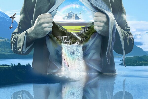 A man in a business suit tears his shirt off, water pours out from where and a mountain with a rainbow is visible