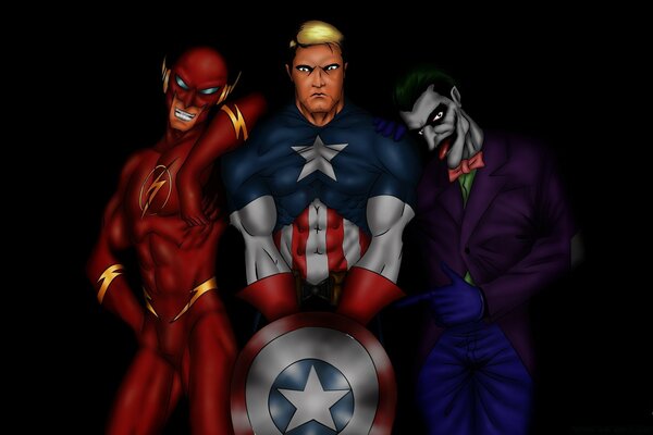 Three superheroes on a black background, Captain America, the Joker and The Flash