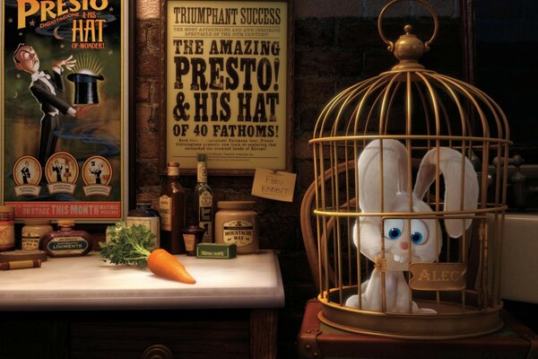 A cartoon white hare in a cage and a carrot is lying next to it