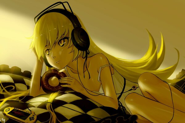 Дівчина з аніме слухає музику і їсть пончик