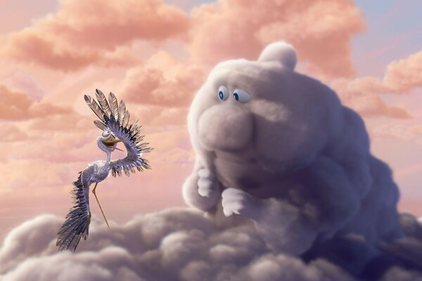 A frame from a cartoon with a cloud and a bird