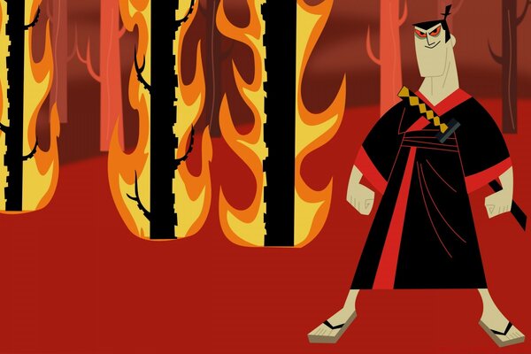 Chinese vampire on the background of a burning forest