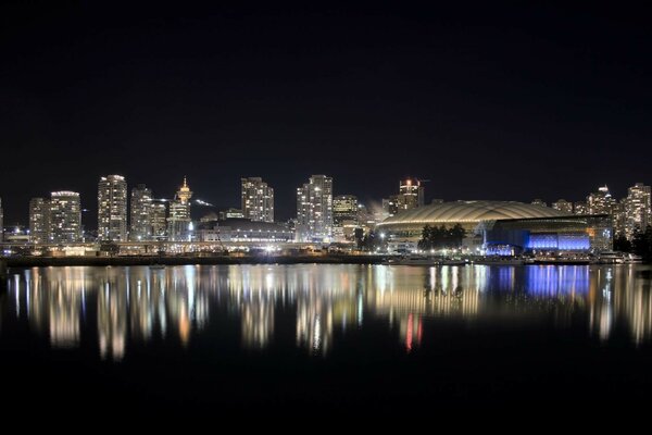 A brightly lit metropolis at night