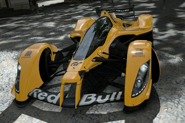 Yellow sports car with energy drink logo