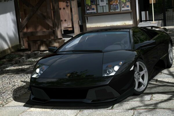 A black car on the street near the store