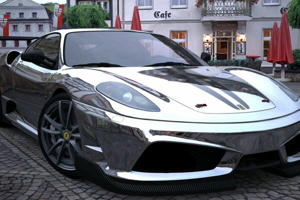 Silver Ferrari on the streets of the city