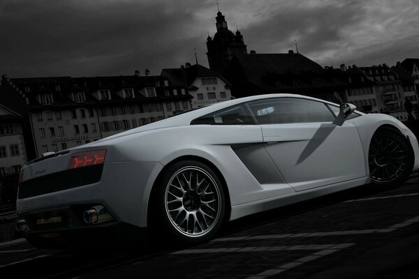 Coche blanco sobre fondo blanco y negro