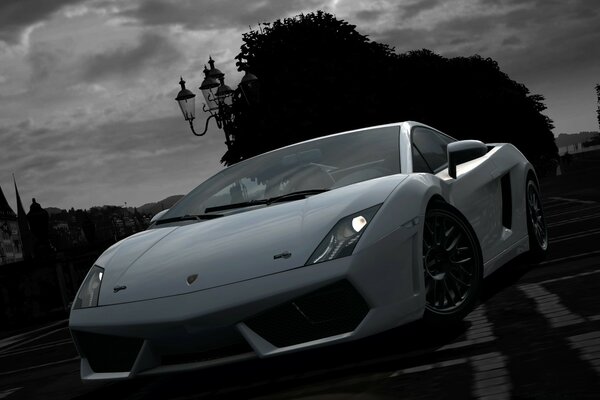 White sports car at dusk