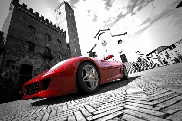 Red sports car on black and white background