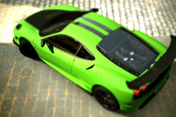 Photo of a green sports car from above