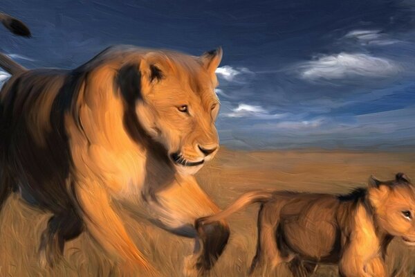 Drawing of wild lions in nature