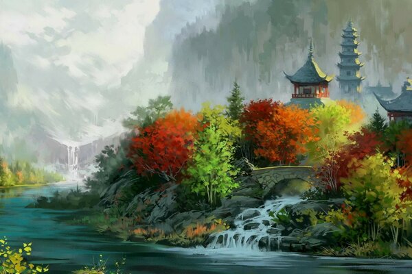 Ancient Chinese temple in the mountains on the river bank