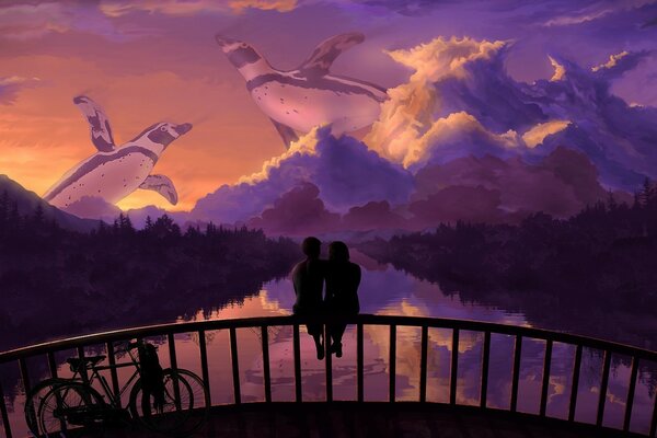 Pareja enamorada en el puente admira la puesta de sol