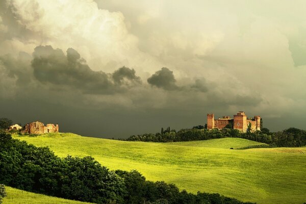 The light falls on a green field