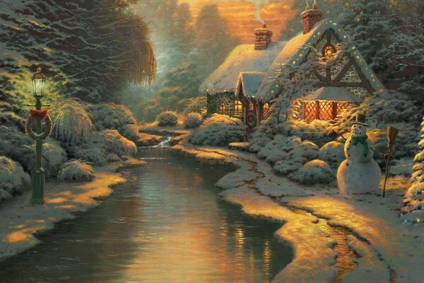 New Year s landscape with a small river, a decorated house, a Christmas tree and a snowman