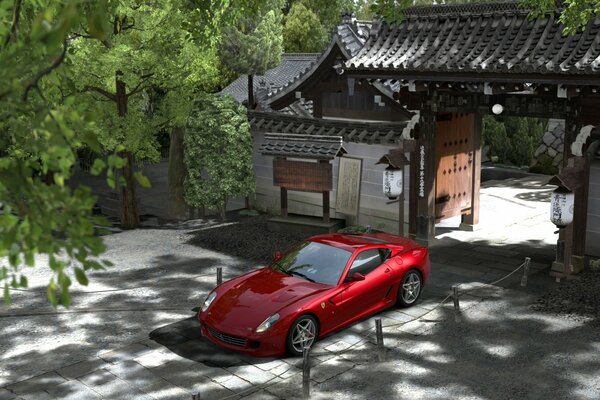 El coche de carreras rojo se encuentra cerca de la puerta abierta