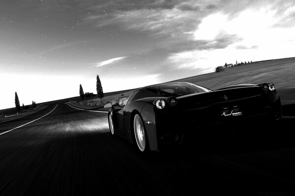 Black and white photo of a sports car